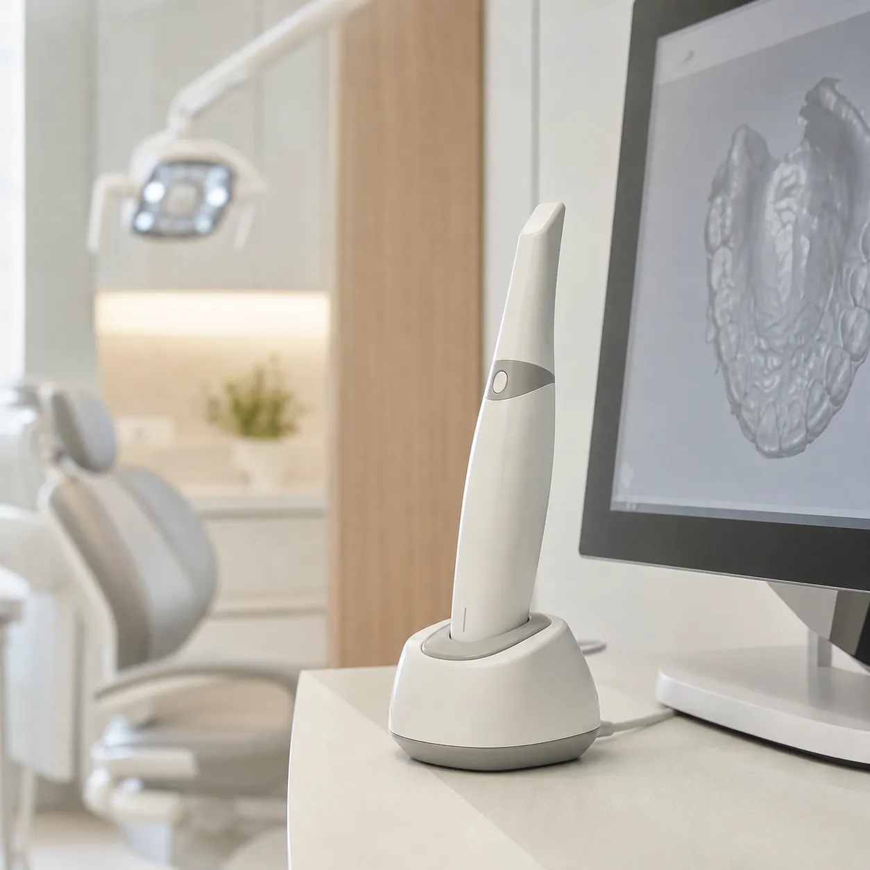 Detail digitálního intraorálního skeneru a diagnostického monitoru
